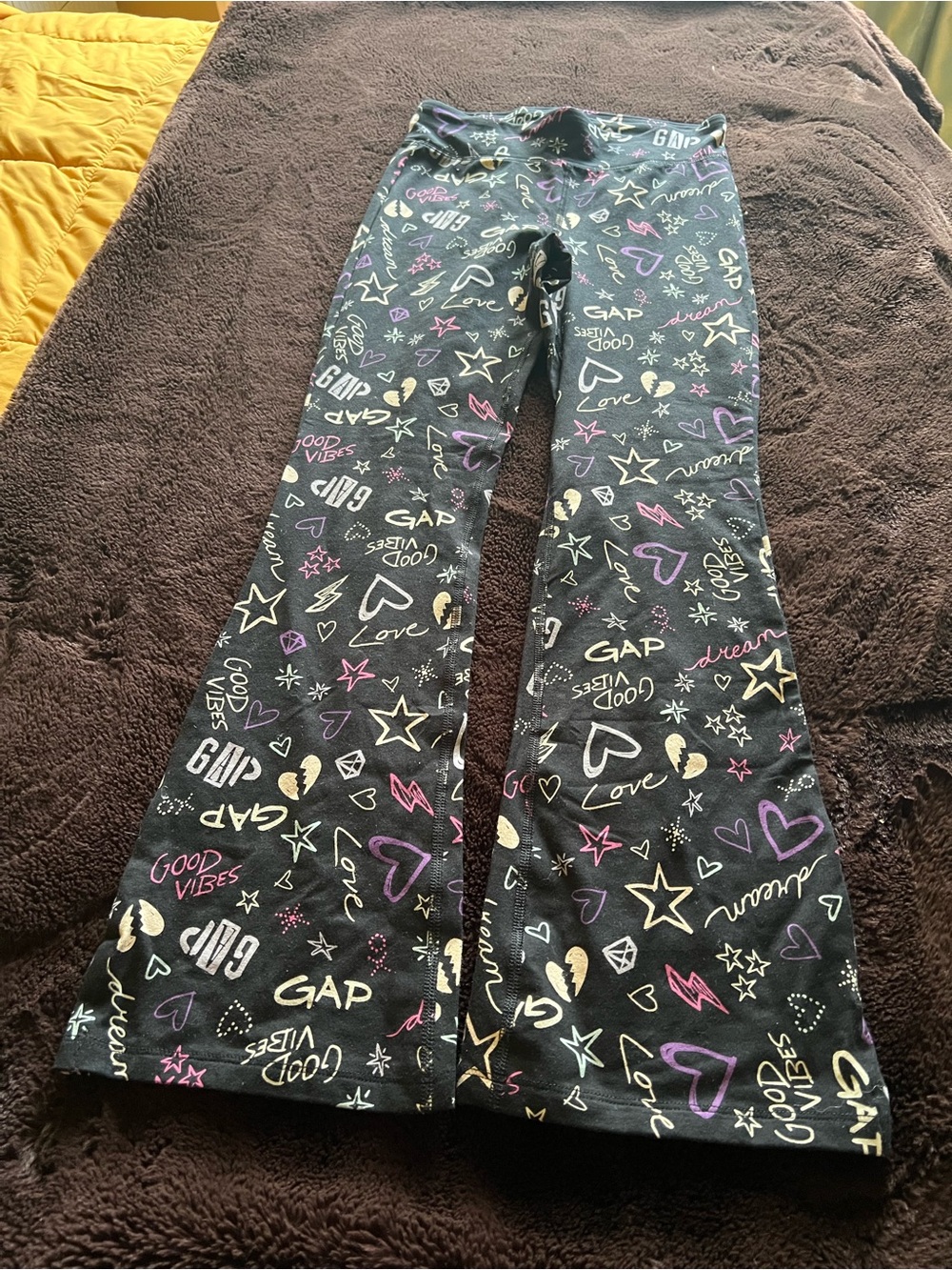 GAP Kids Black Fleece-Lined Graphic Flare Pants with Multicolor Prints